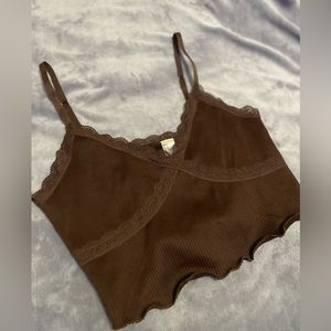 brown ribbed cropped tank top with bralette style lacing